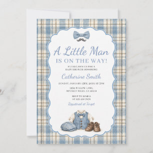A Little Man Blue Vintage Plaid Bow Baby Shower Invitation