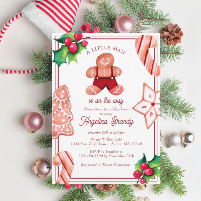 A Little Man Gingerbread Christmas Baby Shower Invitation | Zazzle