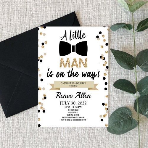 A Little Man Is On The Way Bowtie Baby Shower Invitation