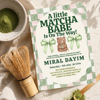 A Little Matcha Babe Cute Bear Matcha Baby Shower Invitation