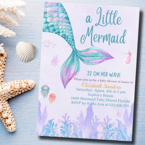 a Little Mermaid is on her way Girl Baby Shower Invitation