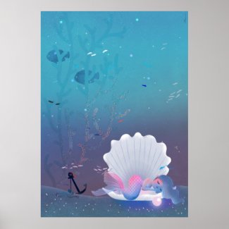 A little mermaid sleeping inside a seashell poster