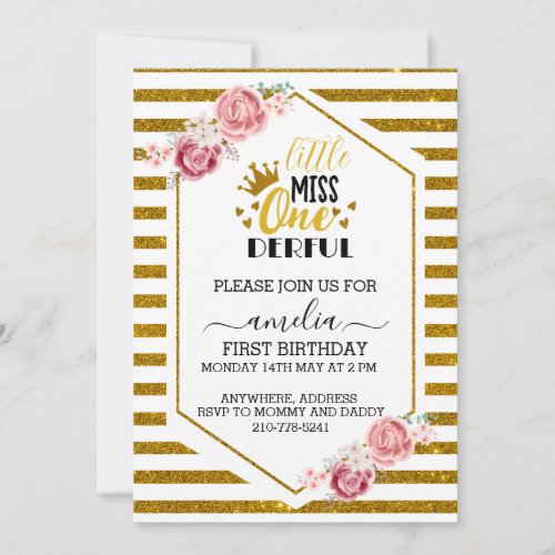a little miss onederful 1st birthday gold glitter  invitation