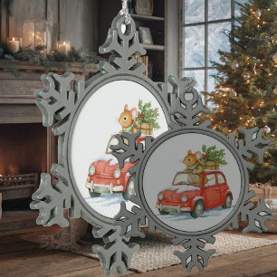 A little mouse in a red car carries New Year's hol Snowflake Pewter Christmas Ornament