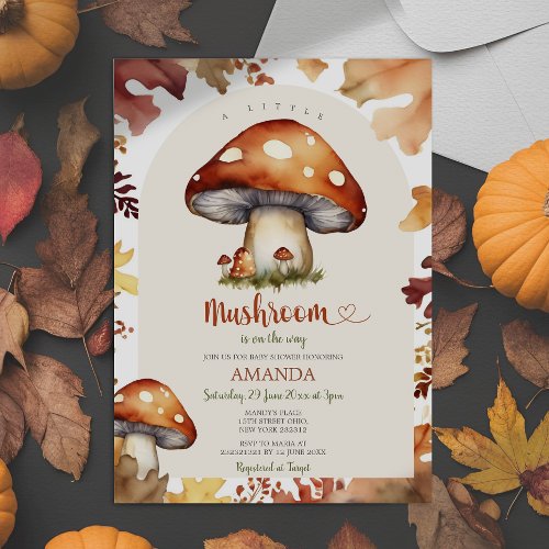 A Little Mushroom Fall Mushroom Autumn Baby Shower Invitation