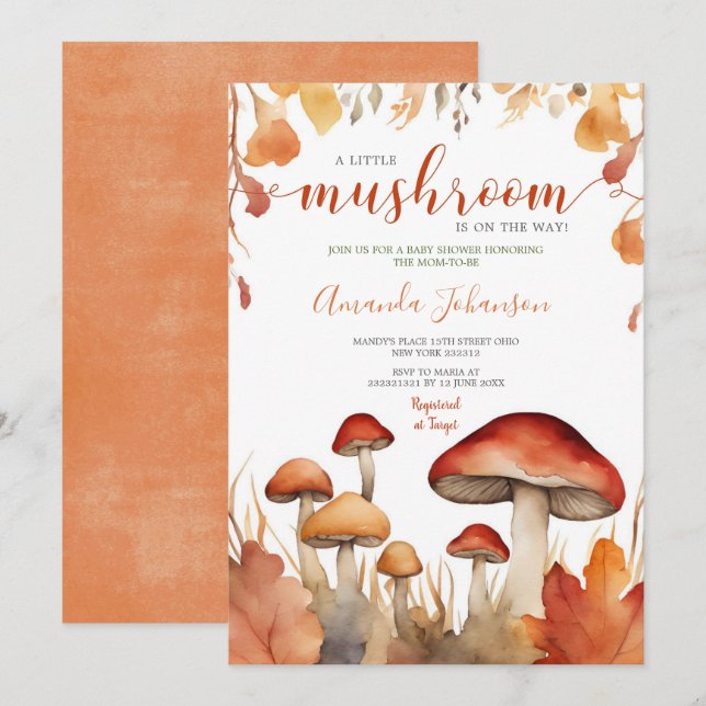 A Little Mushroom Floral Fall Mushroom Baby Shower Invitation (Front/Back)