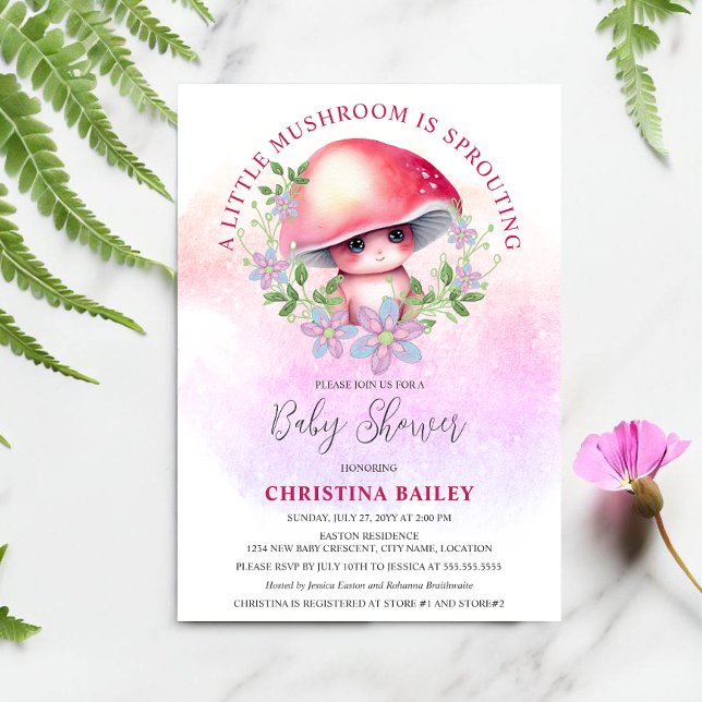 A Little Mushroom Is Sprouting Baby Shower Invitation (Cute and adorable baby mushroom sprouting baby shower invitation.)
