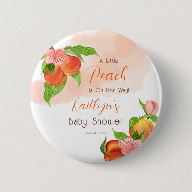 A Little Peach Is On Her Way Girl Baby Shower Button (Front)