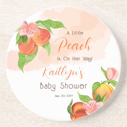A Little Peach Is On Her Way Girl Baby Shower Coaster