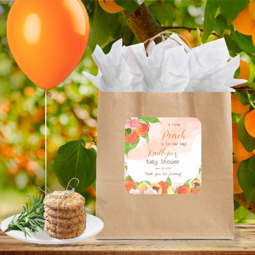 A Little Peach Is On Her Way Girl Baby Shower Square Sticker