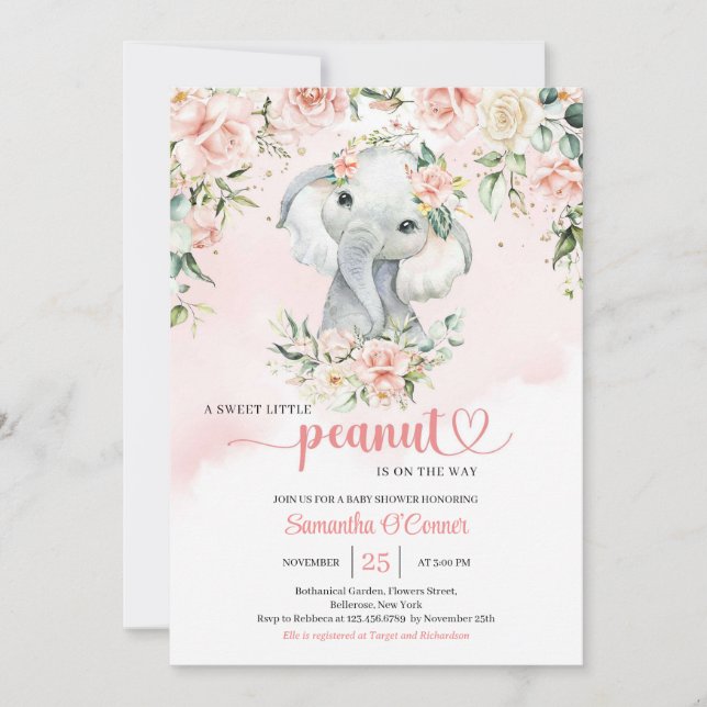 A little peanut baby elephant blush floral gold invitation (Front)