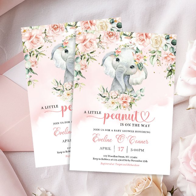 A little peanut baby elephant blush floral gold invitation (A little peanut baby elephant blush floral gold invitation)