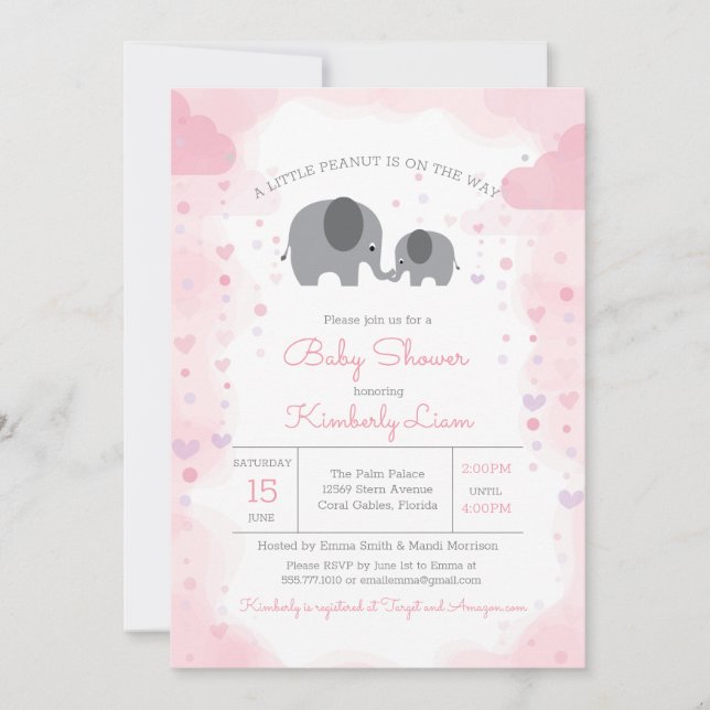 A Little Peanut Elephant Girl Baby Shower Invitation (Front)