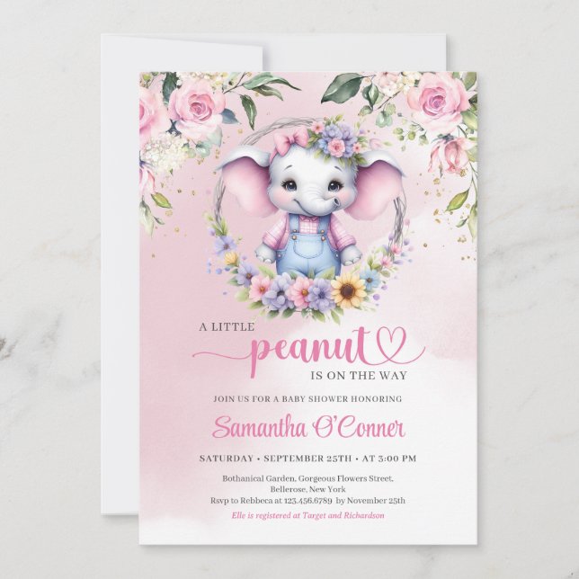 A little peanut elephant soft pastel pink floral invitation (Front)