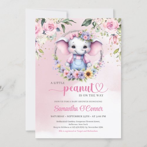 A little peanut elephant soft pastel pink floral invitation