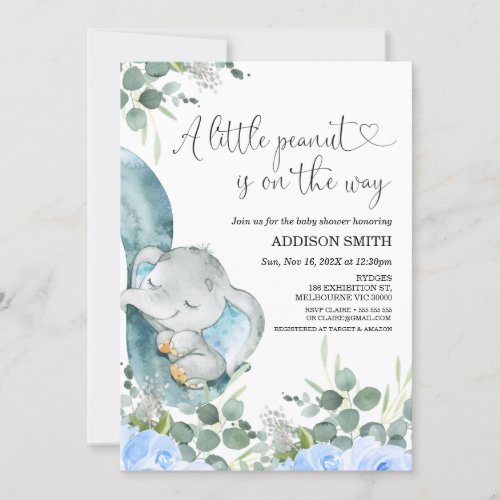 A Little Peanut Floral Elephant Baby Shower Invitation - A Little Peanut Floral Elephant Baby Shower

Sweet boy's baby shower invitation featuring an elephant trunk, a baby elephant and some foliage with a hint of blue flowers.  The heading can't be edited as it's part of the image.