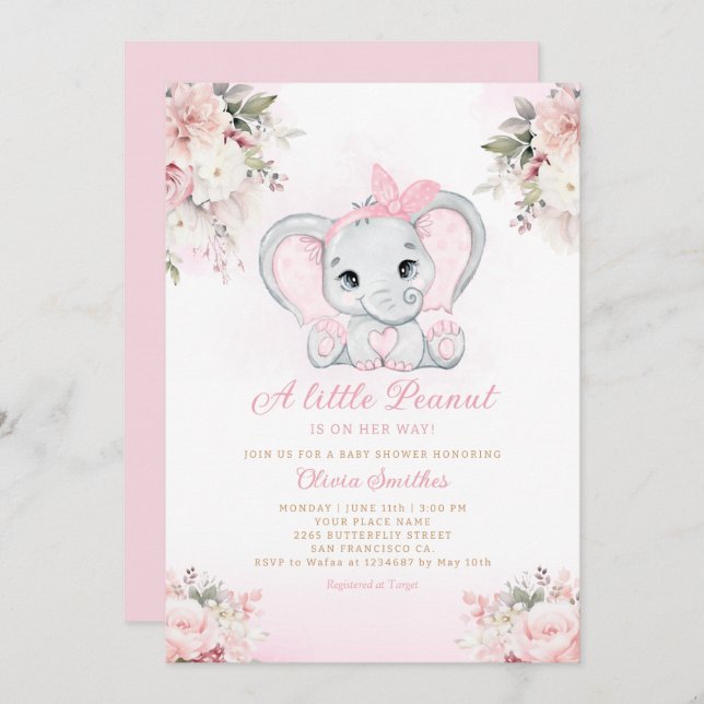 A Little Peanut Floral Elephant Girl Baby Shower   Invitation (Front/Back)