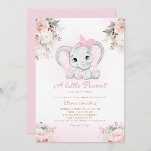 A Little Peanut Floral Elephant Girl Baby Shower   Invitation