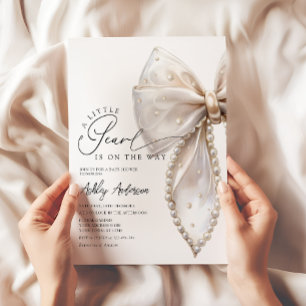 A Little Pearl Neutral Bow Baby Shower Invitation