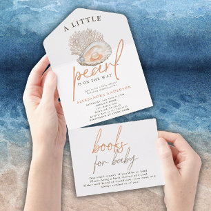 A Little Pearl Watercolor Seashell Baby Shower All In One Invitation