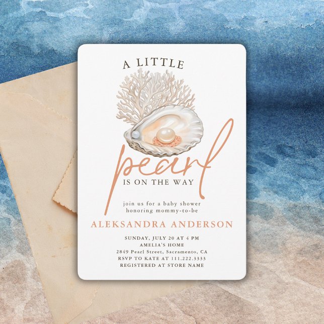 A Little Pearl Watercolor Seashell Baby Shower Invitation (Creator Uploaded)