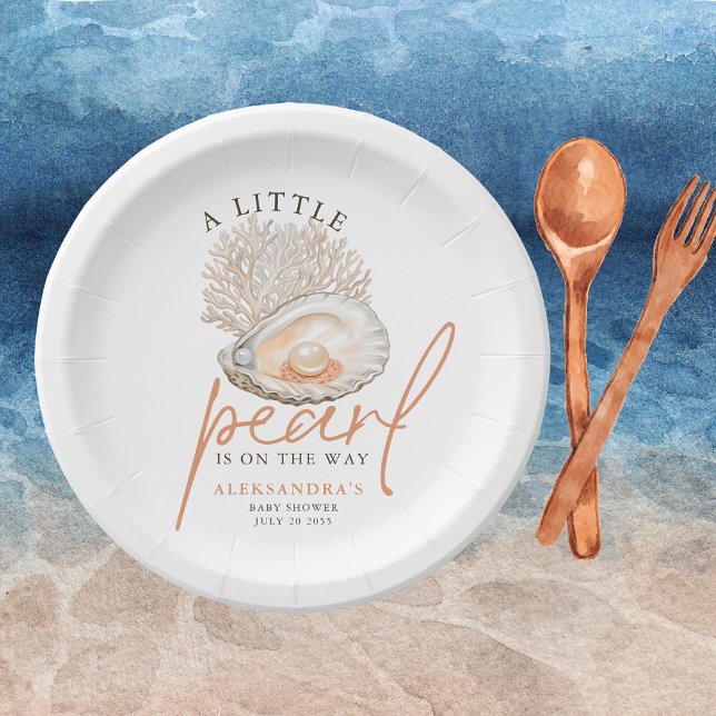 A Little Pearl Watercolor Seashell Baby Shower Paper Plates (Creator Uploaded)