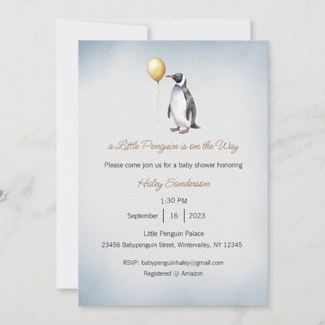A Little Penguin is on the Way Invitation, Baby  Invitation (Front)