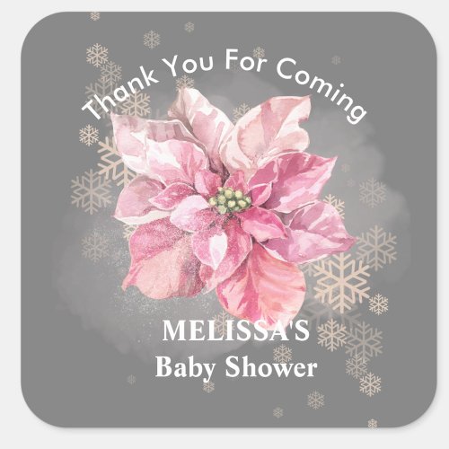 A Little Pink Snowflake Pink Poinsettia thank you Square Sticker