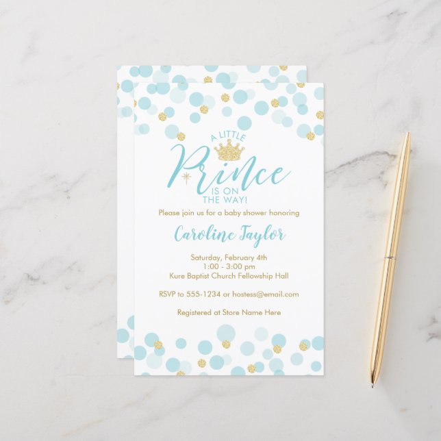 A Little Prince Blue Gold Baby Shower Invitation  (Front/Back In Situ)