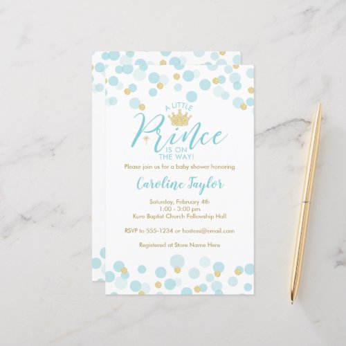 A Little Prince Blue Gold Baby Shower Invitation 