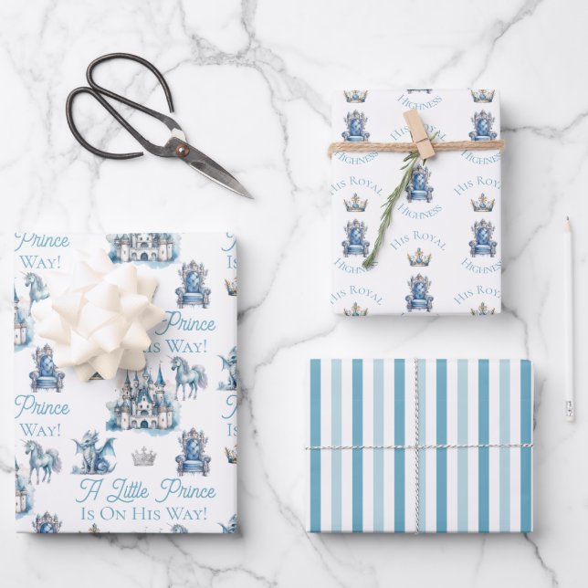 A Little Prince Is On His Way Blue Boy Baby Shower Wrapping Paper Sheets (Front)