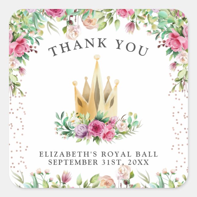 A Little Princess Floral Thank You Square Sticker (Front)