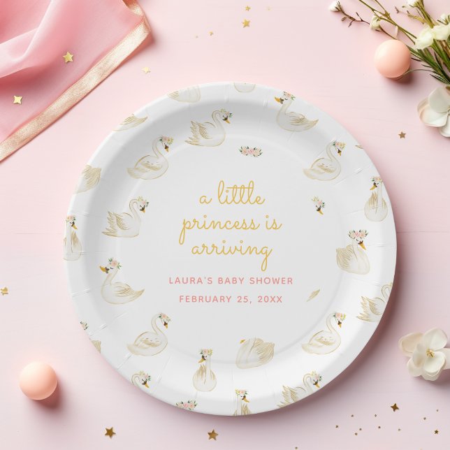 A Little Princess is Arriving Swan Baby Shower Paper Plates (Swan Princess baby shower paper plate with watercolor illustrations)