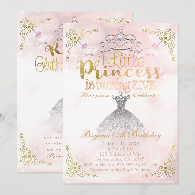 A Little Princess turning FIVE 5TH Birthday Party Invitation (Front/Back)