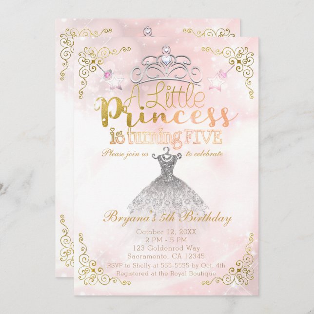 A Little Princess turning FIVE 5TH Birthday Party Invitation (Front/Back)
