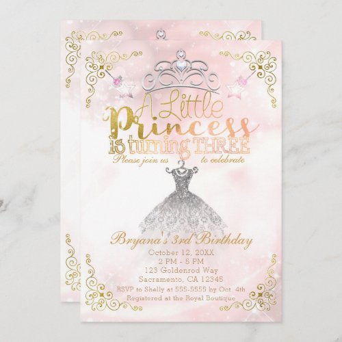 A Little Princess turning THREE 3rd Birthday Party Invitation