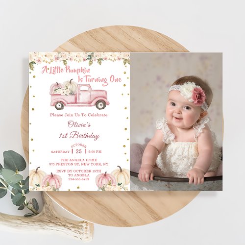 A Little Pumpkin 1st Birthday Pink Truck Photo Invitation