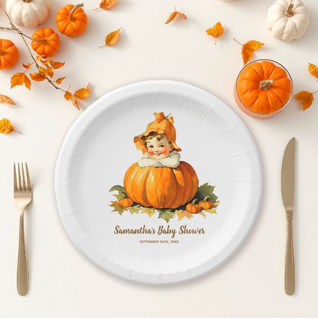 A Little Pumpkin Autumn Fall Baby Shower Girl Paper Plates (Creator Uploaded)