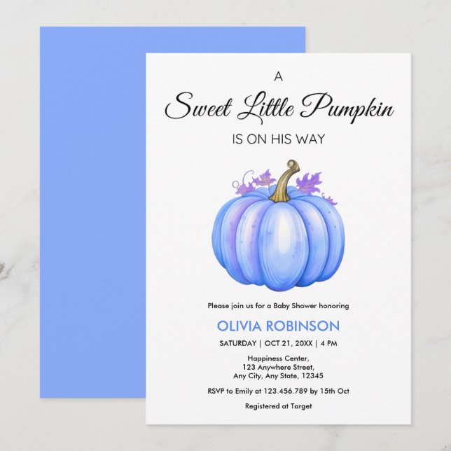 A Little Pumpkin Autumn Fall Blue Boy Baby Shower Invitation (Front/Back)