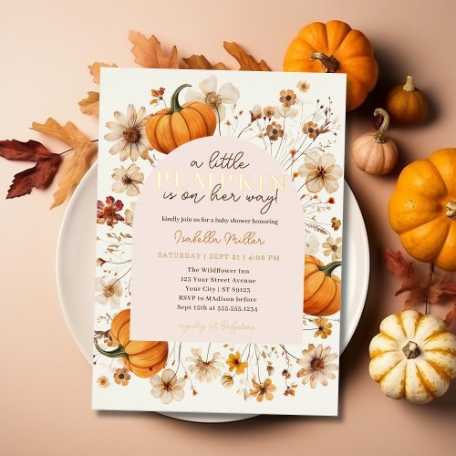 A Little Pumpkin Autumn Fall Floral Baby Shower Foil Invitation