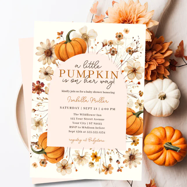 A Little Pumpkin Autumn Fall Floral Baby Shower Invitation | Zazzle