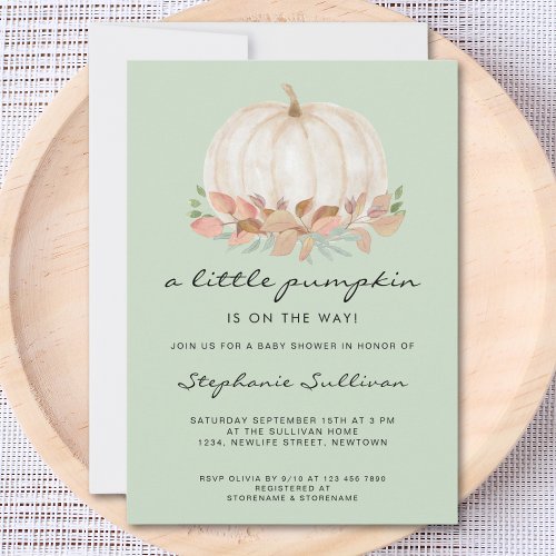 A Little Pumpkin Autumn Fall Green Baby Shower Invitation