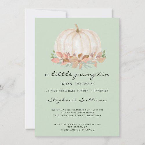 A Little Pumpkin Autumn Fall Green Baby Shower Invitation