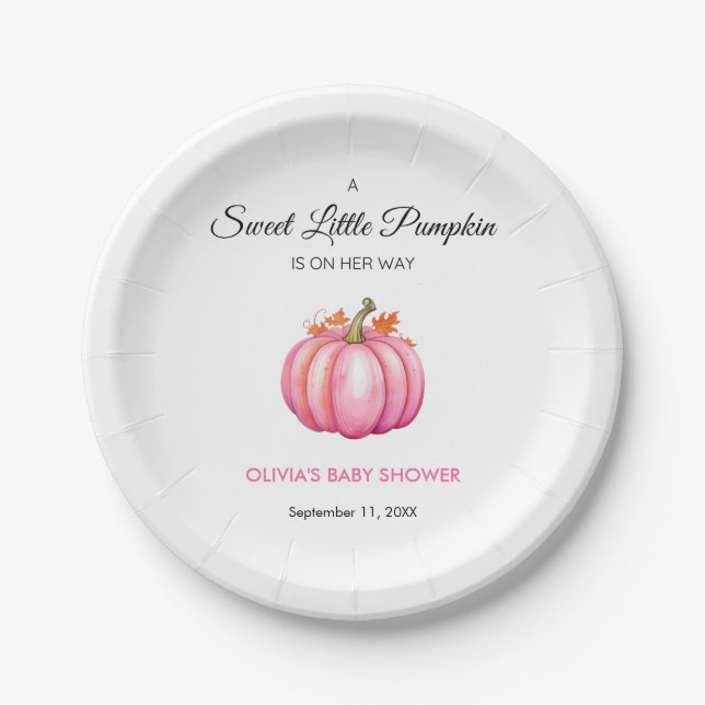 A Little Pumpkin Autumn Fall Pink Girl Baby Shower Paper Plates (Front)