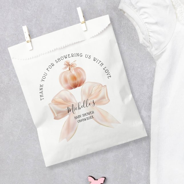 A Little Pumpkin Autumn Fall Thank You Baby Shower Favor Bag (pumpkin with a bow, silk material)