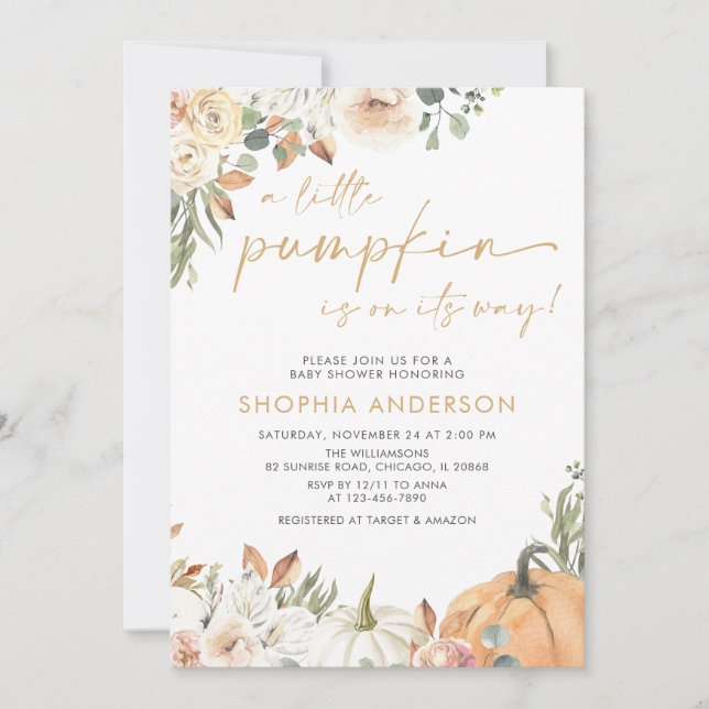 A Little Pumpkin Autumn Floral Fall Baby Shower Invitation (Front)