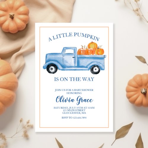 A Little Pumpkin Baby Shower Blue Truck Invitation