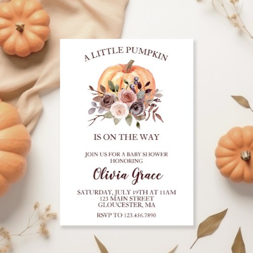 A Little Pumpkin Baby Shower burgundy floral Invitation