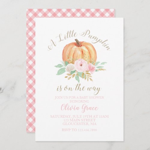 A Little Pumpkin Baby Shower floral and pink plaid Invitation