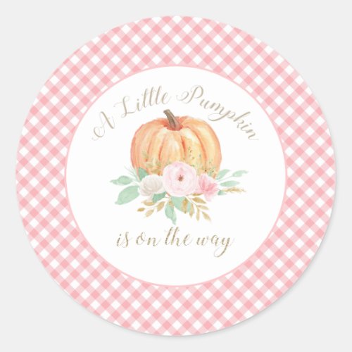A Little Pumpkin Baby Shower Floral Pink Plaid Classic Round Sticker